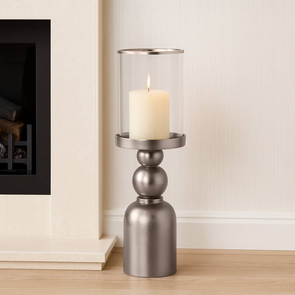 Candle Holder - Silver Metal Removable Hurricane, 32 in.