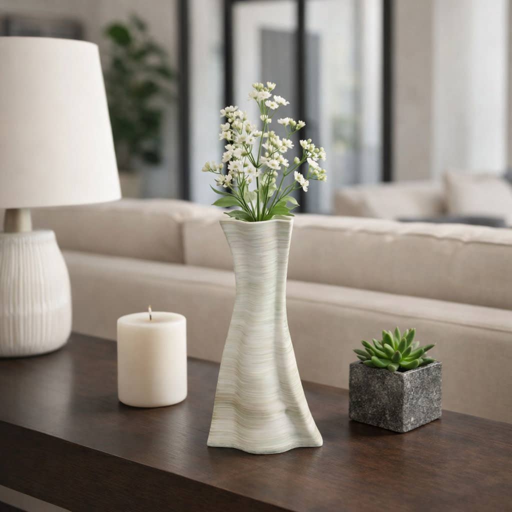 Decorative Vase - Ivory Porcelain 3D Printed Contours, 12 in