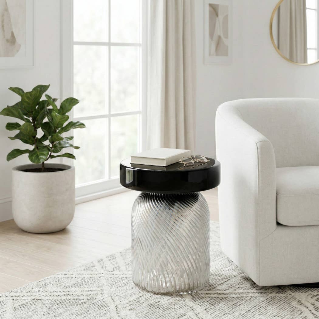 Side Table - Black/White Glass Base with Bold Design, 20 in.