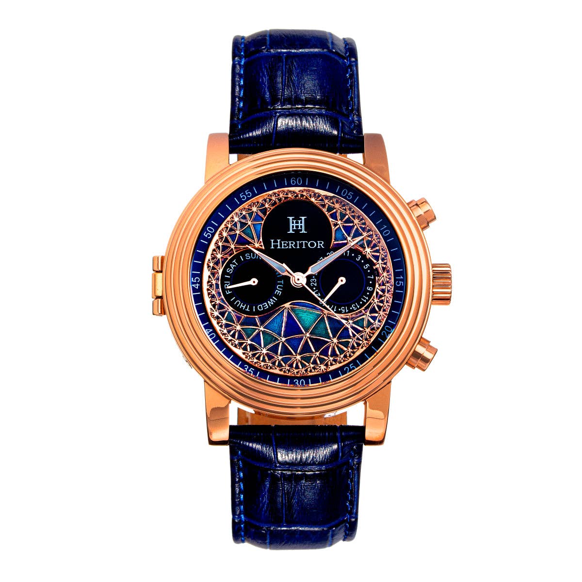 Heritor Legacy Men's Automatic Day-Date Leather Watch, Rose Gold/Blue