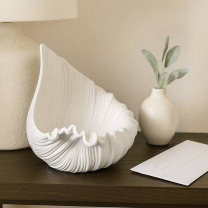 Decorative Bowl - White Ceramic Shell Inspired, 16 in.