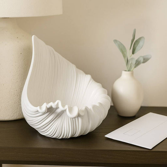 Decorative Bowl - White Ceramic Shell Inspired, 16 in.