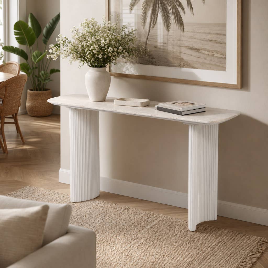 Console Table - Tan Wood Fluted Travertine For Entryway,60in