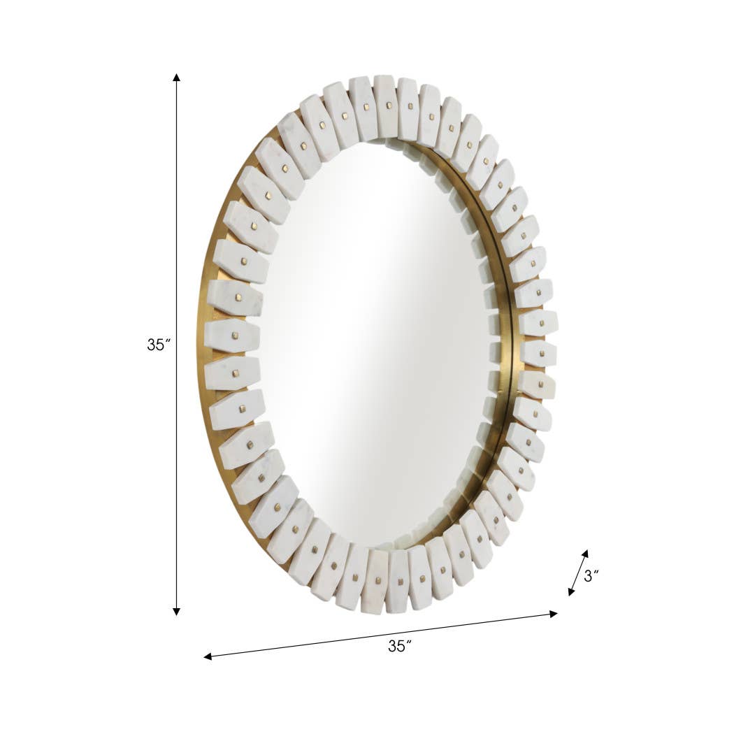 Wall Mirror - White Glass Marble Modern Round, 35x35 in.