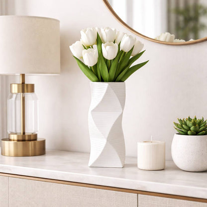 Decorative Vase - White Ceramic Wavy Textured, 12 in.