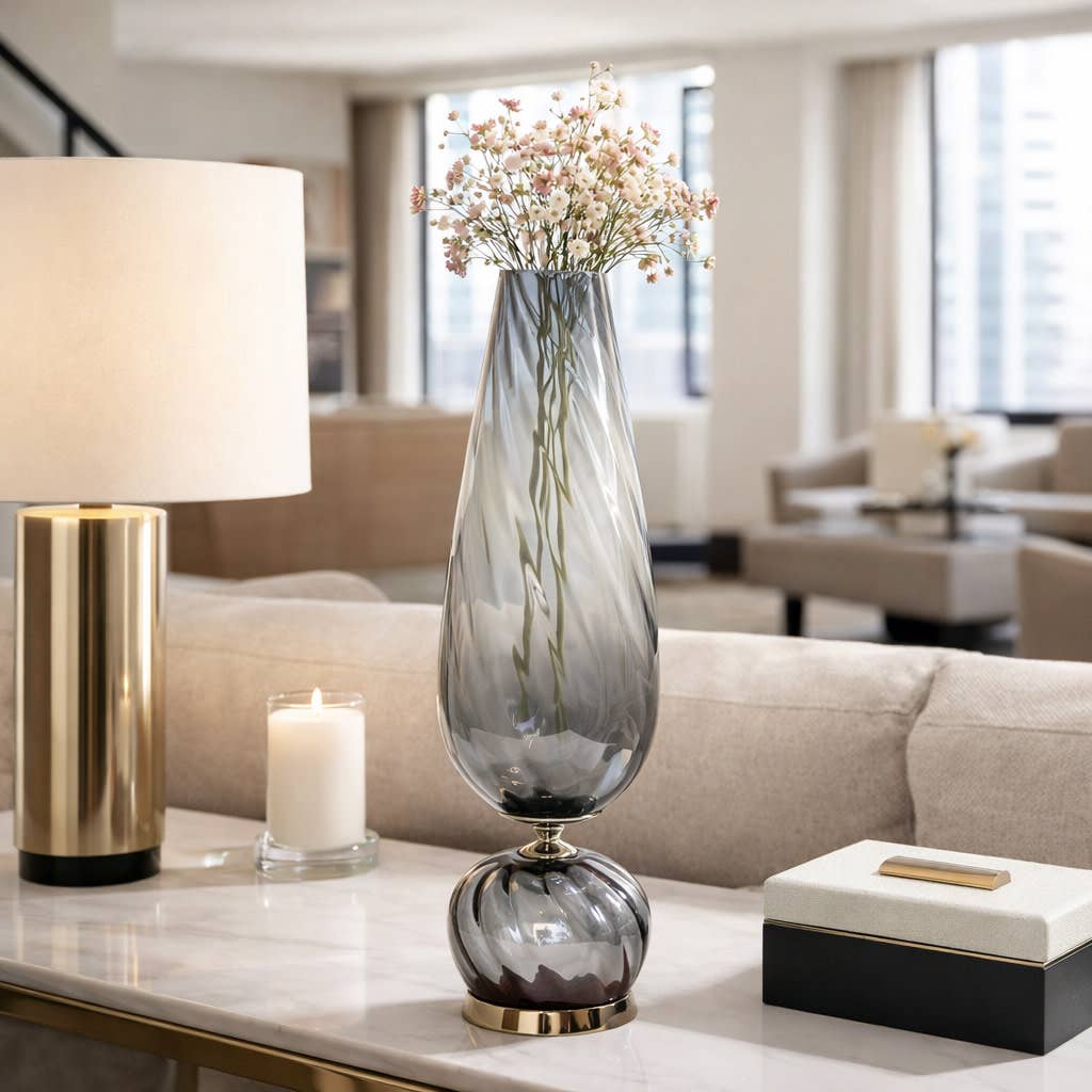 Decorative Vase - Gray Glass with Metal Base, 21 in.