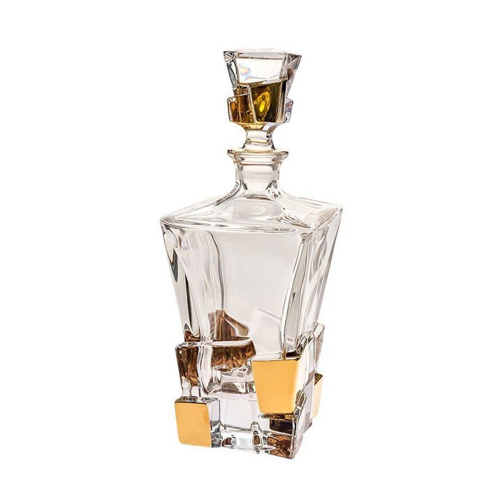 Barski Crack Crystal Decanter with Gold Detail, 28 oz.