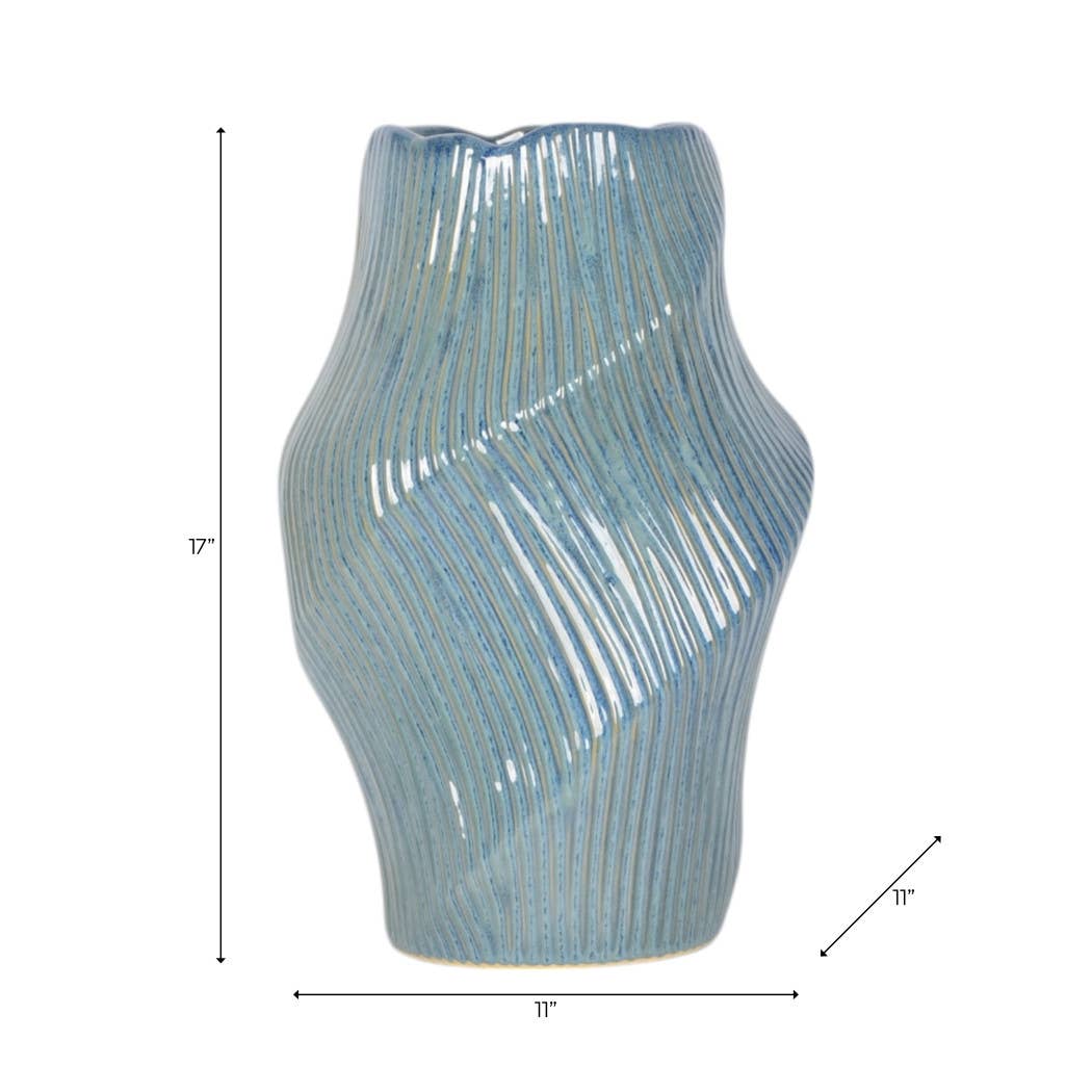 Decorative Vase - Blue Ceramic Organic Shaped, 17 in.