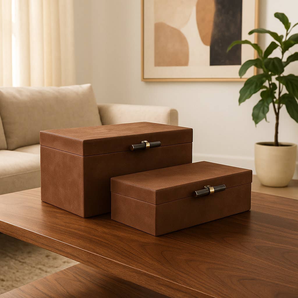 Boxes Set of 2 - Brown Suede Tigers Eye Hardware, 12/14 in.