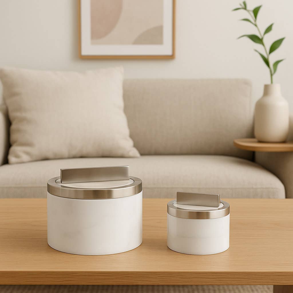 Decorative Boxes Set of 2 - White Acrylic Metal Lid, 7/5 in.