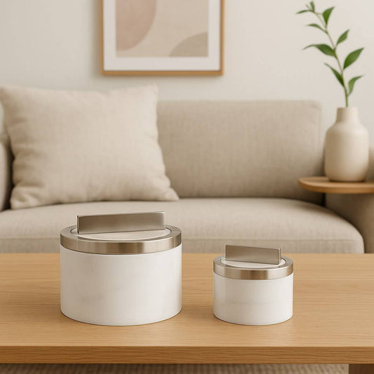Decorative Boxes Set of 2 - White Acrylic Metal Lid, 7/5 in.