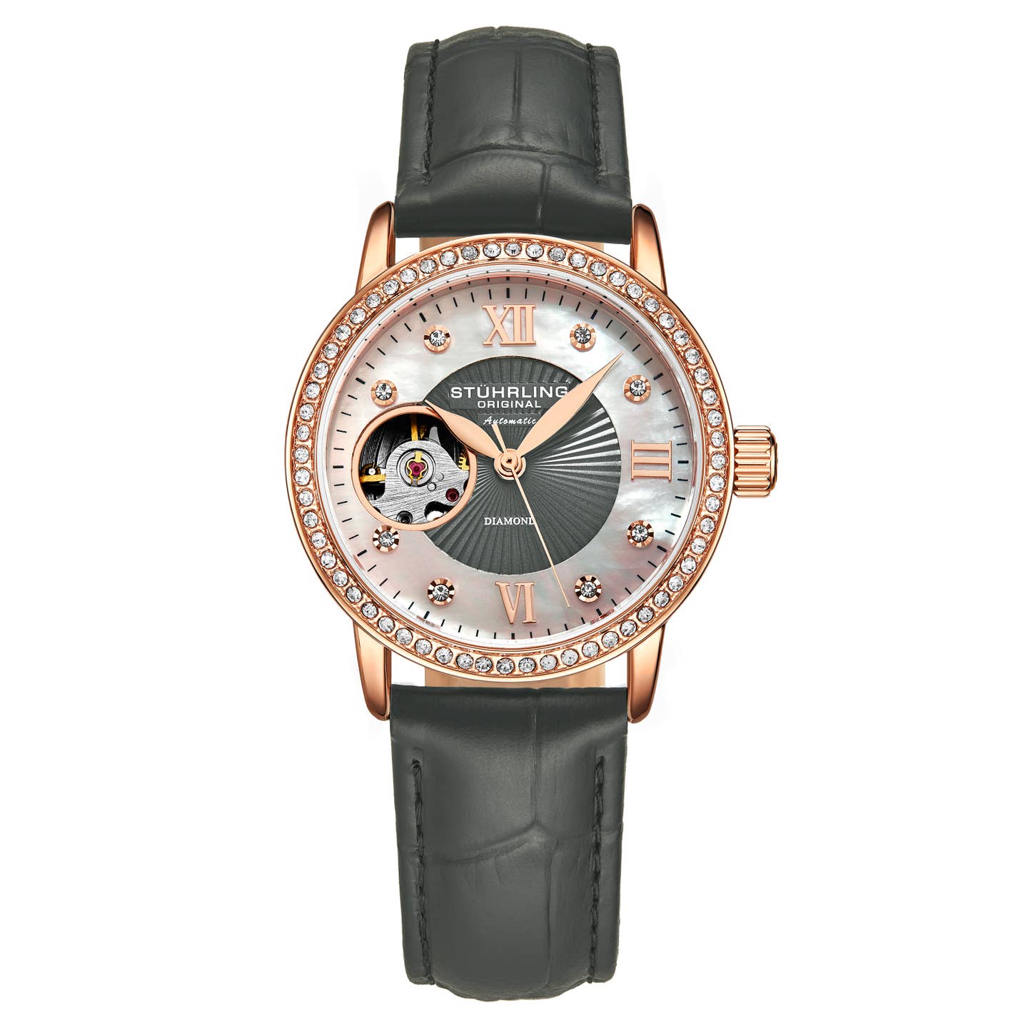 Stuhrling Original Legacy Women's Automatic Watch, 34mm, White Mother-of-Pearl Dial, Gray Embossed Leather Strap, Skeleton Dial