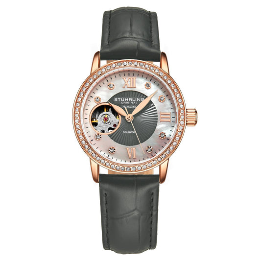 Stuhrling Original Legacy Women's Automatic Watch, 34mm, White Mother-of-Pearl Dial, Gray Embossed Leather Strap, Skeleton Dial