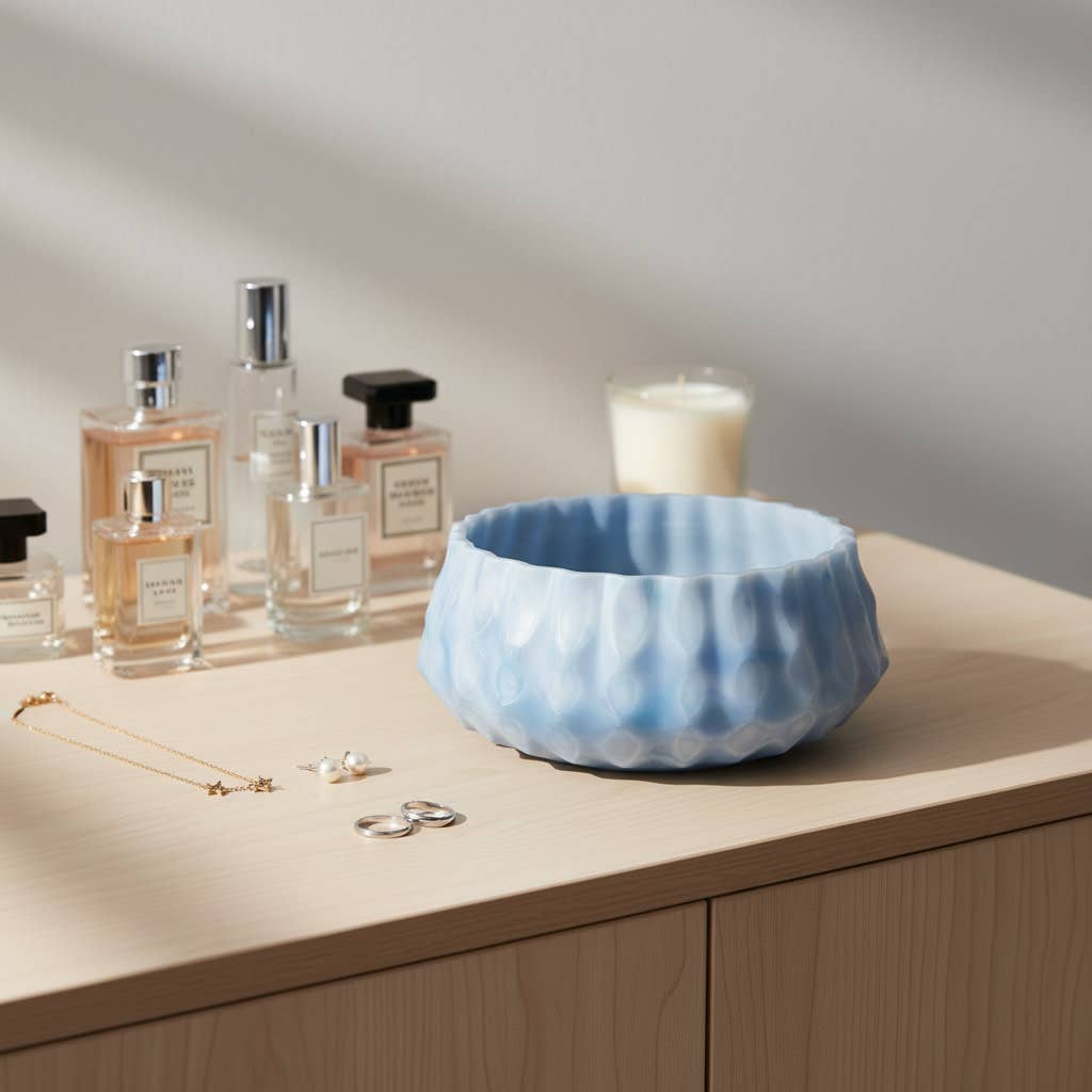 Decorative Bowl - Blue Glass Modern Carved Stylish, 12 in.