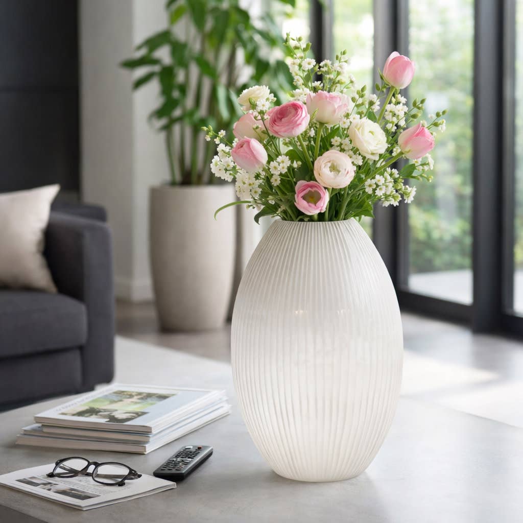 Decorative Vase - White Glass Minimalist Ribbed, 18 in.