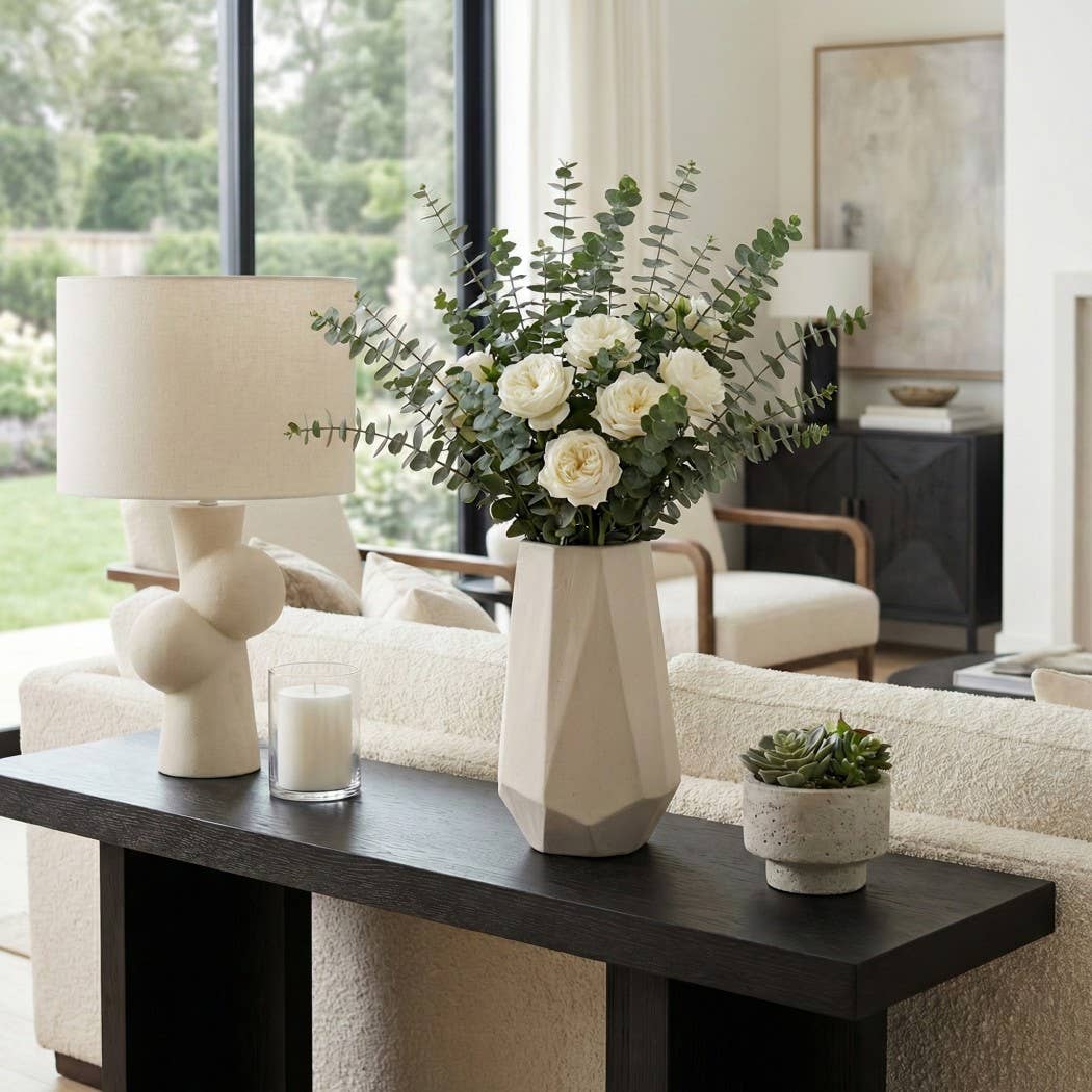 Decorative Vase - White Ceramic Angular Shape, 11 in.