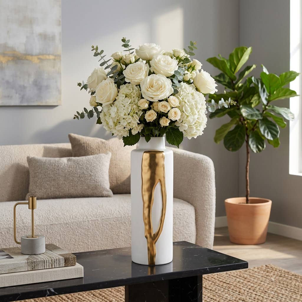Decorative Vase - White/Gold Porcelain Glam Large, 21 in.