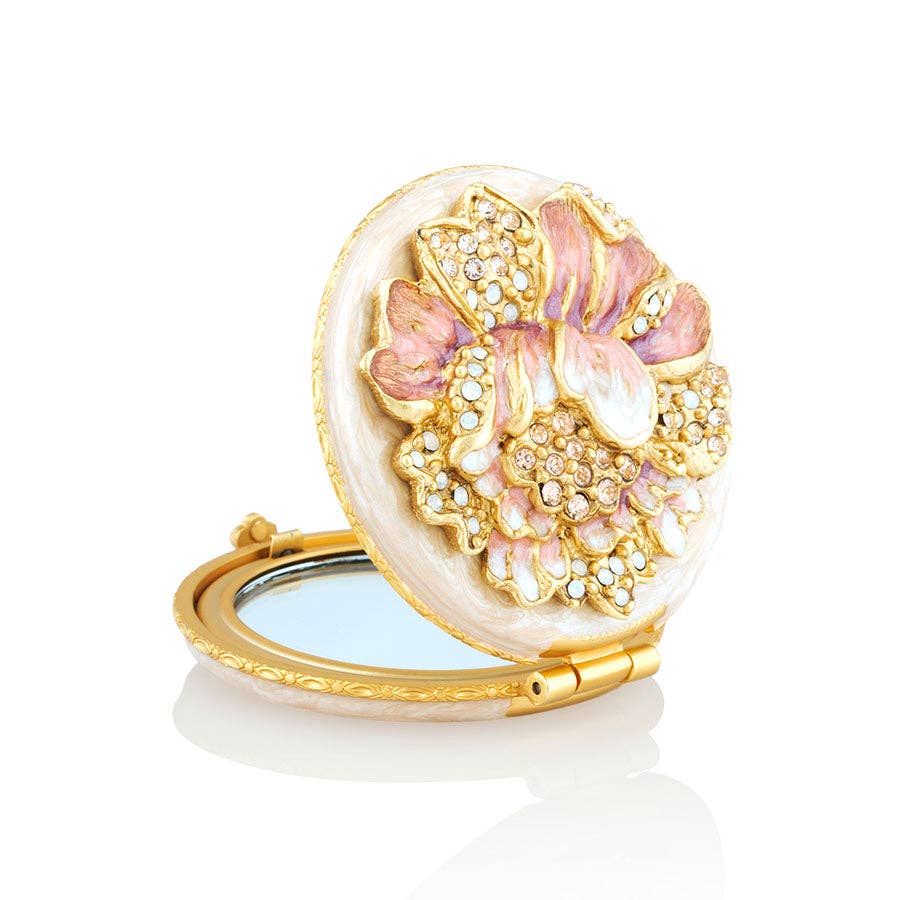Jay Strongwater Angela Round Floral Compact Mirror, Rose Swarovski Crystal Enamel Gold-Finished