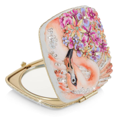 Jay Strongwater Lily Floral Flamingo Compact Mirror, Crystal Enamel Gold-Finished