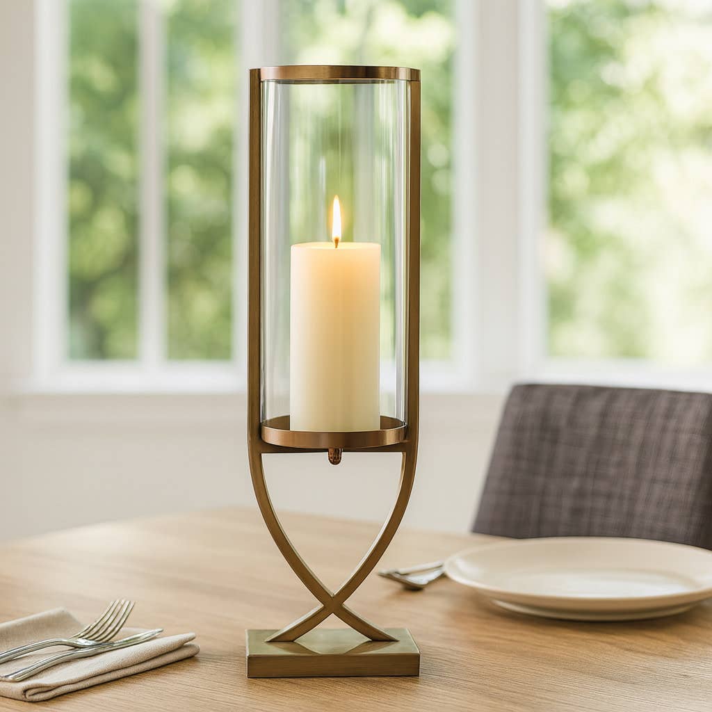 Candle Holder - Gold Metal Glass Cylindrical Pillar, 27 in.