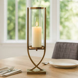 Candle Holder - Gold Metal Glass Cylindrical Pillar, 27 in.