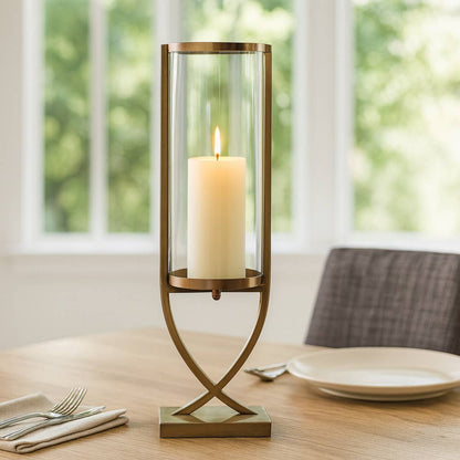 Candle Holder - Gold Metal Glass Cylindrical Pillar, 27 in.