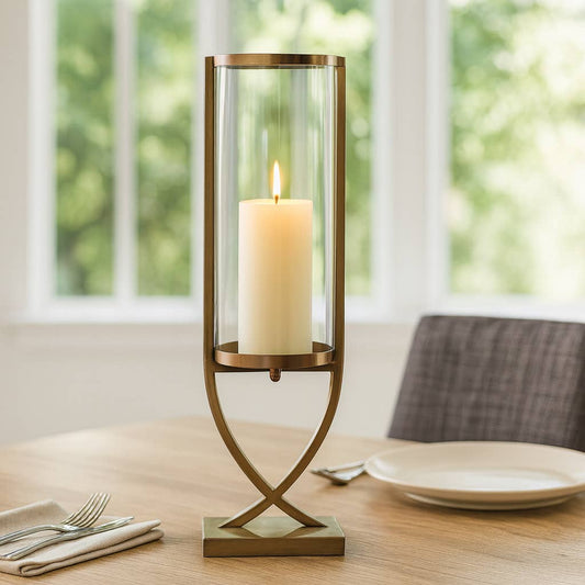 Candle Holder - Gold Metal Glass Cylindrical Pillar, 27 in.