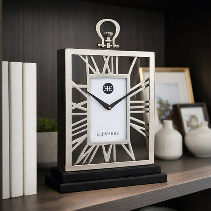 Desk Clock - Silver Metal Timepiece Cutout Design, 18 in.