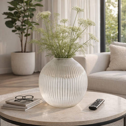 Decorative Vase - White Glass Round Ribbed, 13 in.