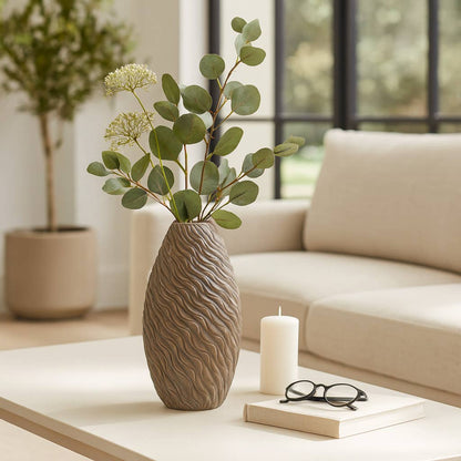 Decorative Vase - Brown Ceramic Textured Wave, 14 in.