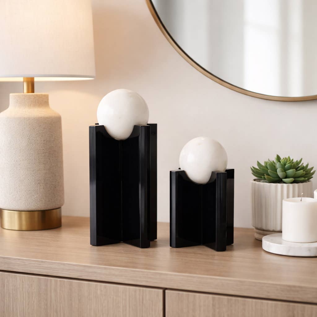 Sculptures Set of 2 - Black Glass Marble Sphere, 8/12 in.