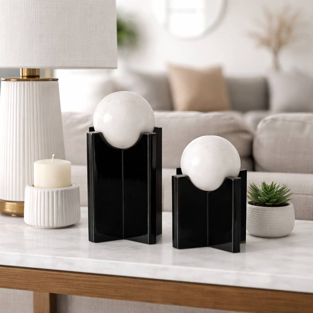 Sculptures Set of 2 - Black Glass Marble Sphere, 8/12 in.