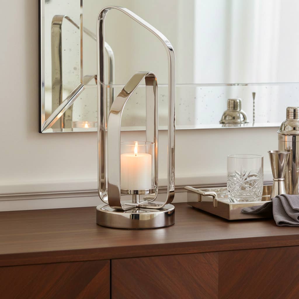 Candle Holder - Silver Metal Stylish Hurricane, 17 in.