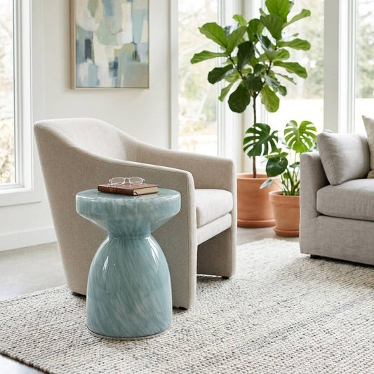 Side Table - Teal Glass Artistic with Pedestal Frame, 20 in.