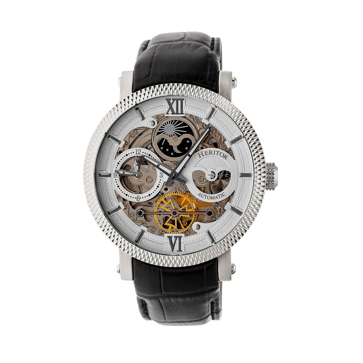 Heritor Aries Men's Automatic Skeleton Leather Watch, Silver