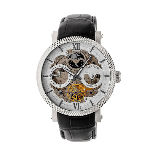 Heritor Aries Men's Automatic Skeleton Leather Watch, Silver