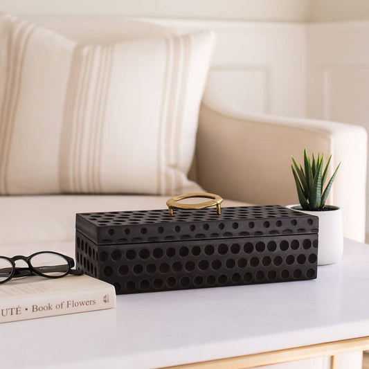 Decorative Box - Black Wood Sculptural with Lid, 18 in.