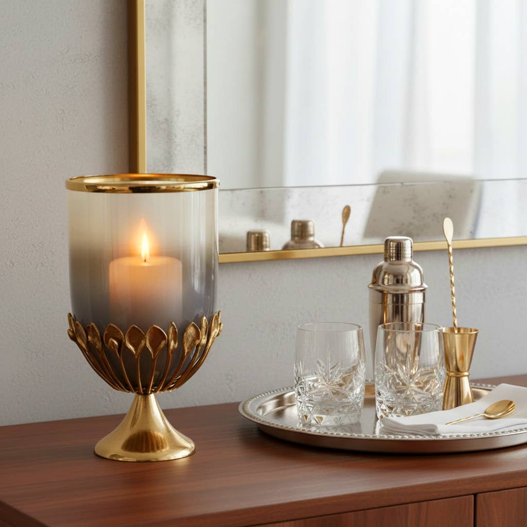 Candle Holder - Gold Glass Metal Frame Hurricane, 19 in.