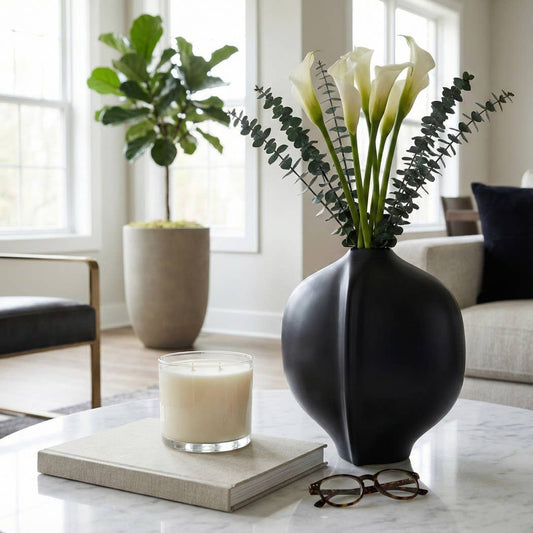 Decorative Vase - Black Ceramic Wavy Textured Design, 12 in.
