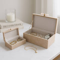 Boxes Set of 2 - Tan Wood Suede Hardware with Lid, 12/14 in.