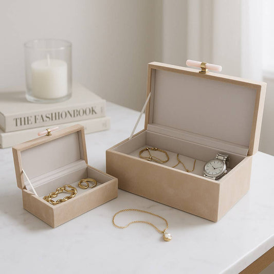 Boxes Set of 2 - Tan Wood Suede Hardware with Lid, 12/14 in.