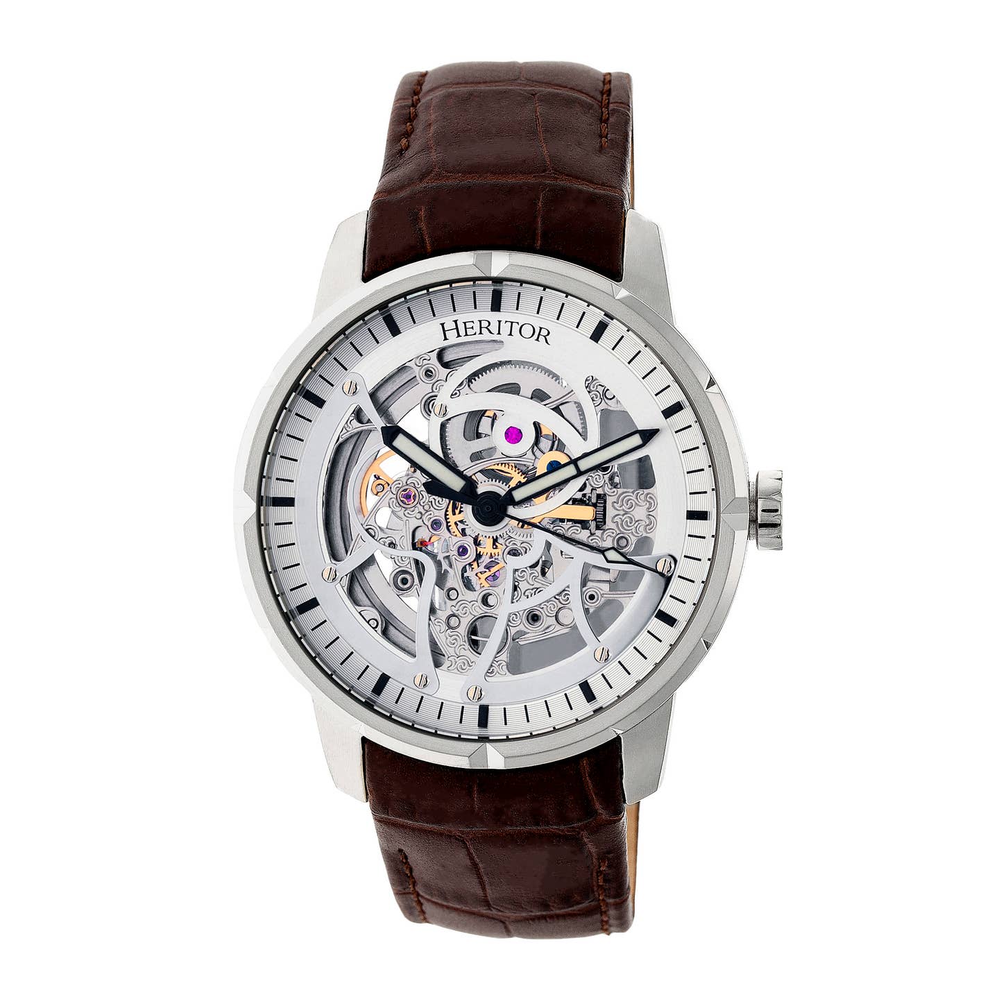 Heritor Ryder Men's Automatic Skeleton Leather Watch, Silver/Brown