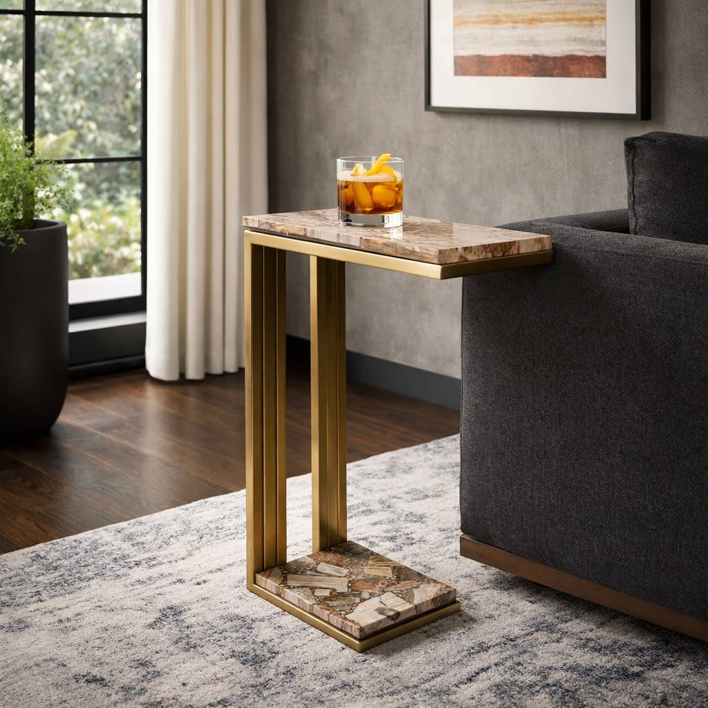 Side Table - Gold Wood Top Metal C-Shape Base, 24 in.