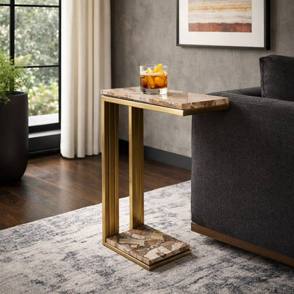 Side Table - Gold Wood Top Metal C-Shape Base, 24 in.