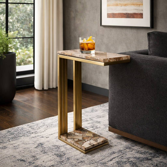 Side Table - Gold Wood Top Metal C-Shape Base, 24 in.