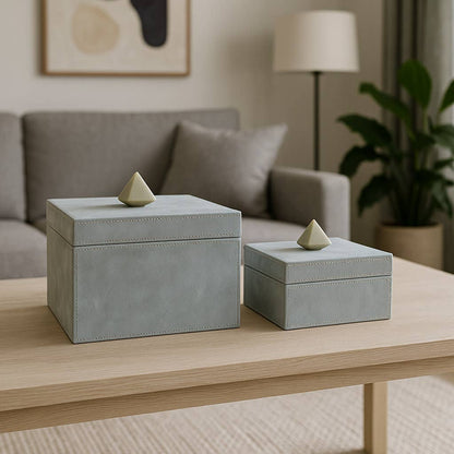 Decorative Box Set of 2 - Blue Suede with Stone Knob 7/9 in