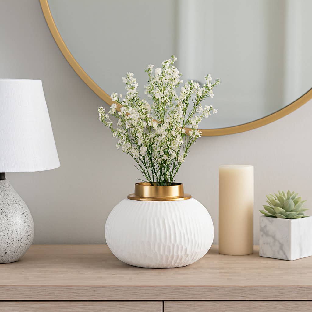 Decorative Vase - White Ceramic Handcrafted Round, 9 in.