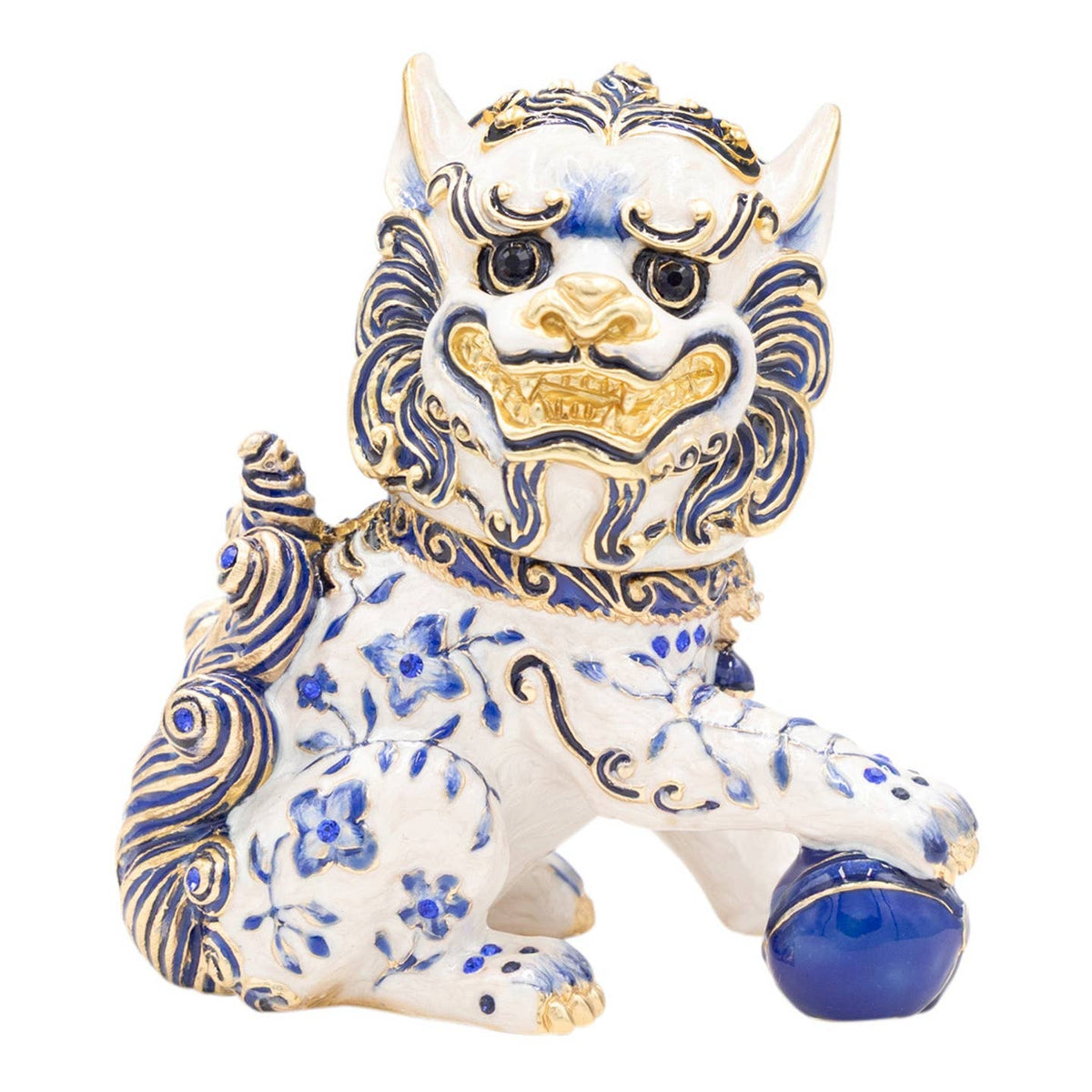 Jay Strongwater Shi Foo Dog Decorative Box, Blue Flower Austrian Crystal Enamel Gold-Finished