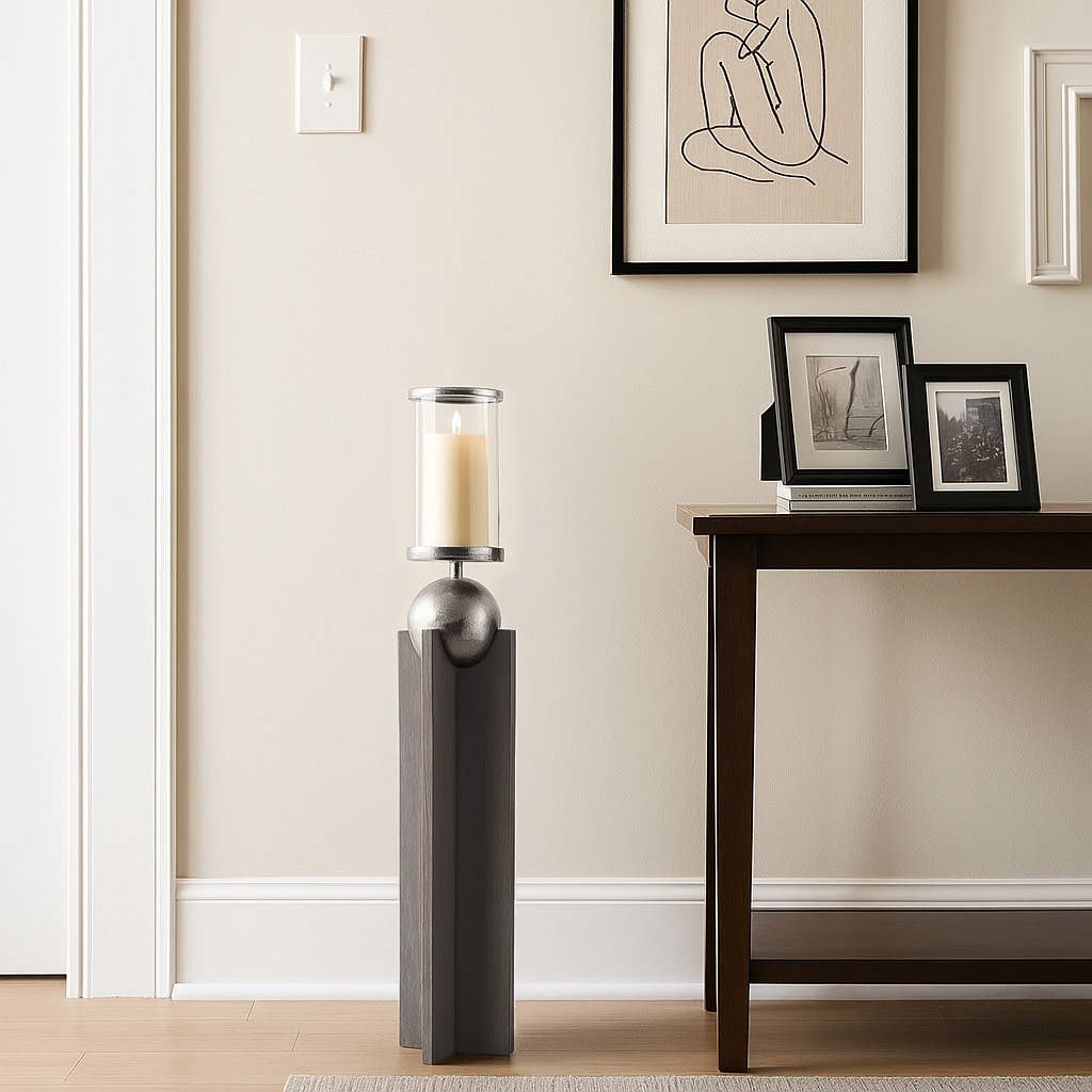 Candle Holder - Gray Wood Pillar with Metal Sphere, 36 in.