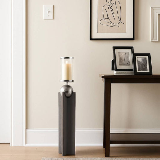 Candle Holder - Gray Wood Pillar with Metal Sphere, 36 in.